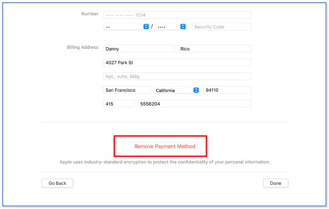 click remove payment method on mac