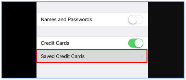 tap saved credit cards button on safari settings