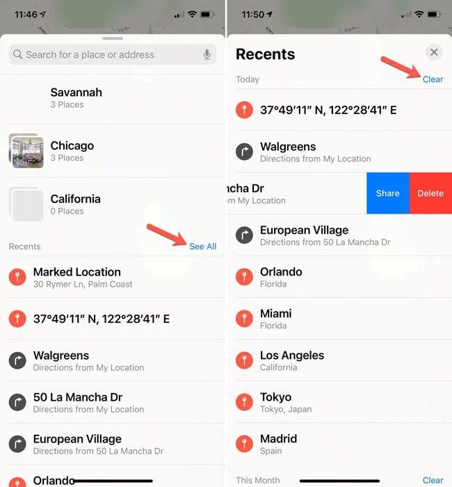 Haritalar uygulamasında iPhone konumunu sil