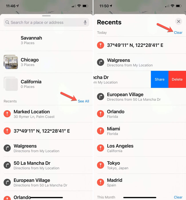 マップ アプリで iPhone の位置情報を削除する