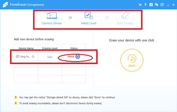 détecté ou échoué à connecter foneeraser