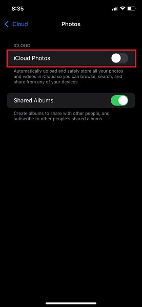 tap iCloud Photos to disable it