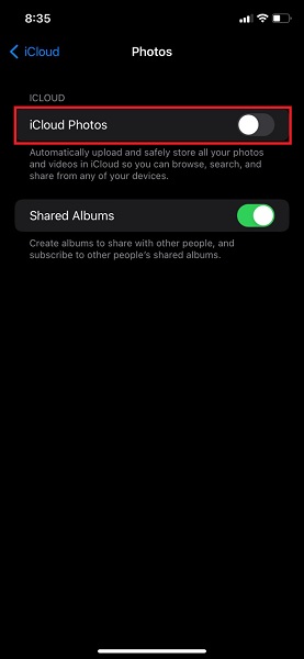 tocca Foto di iCloud per disabilitarlo
