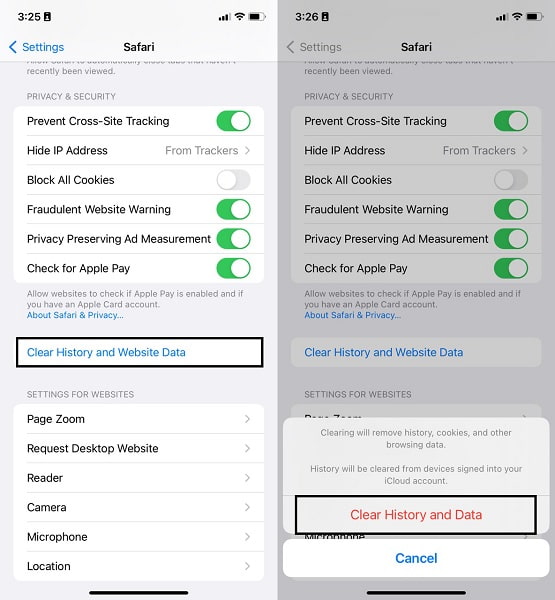 Clear History and Data