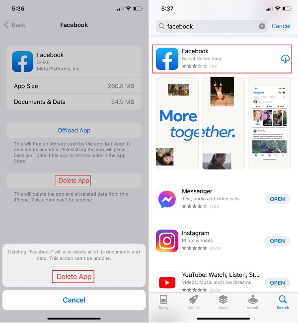 Installieren Sie die Facebook-App erneut