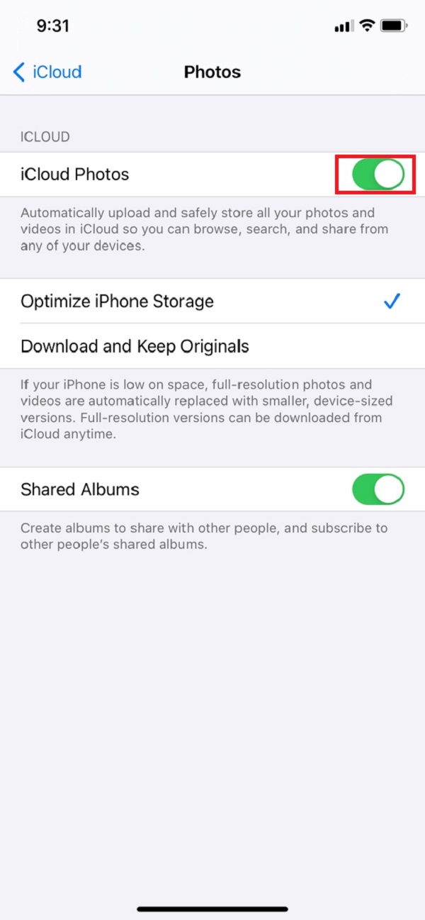 toggle iCloud Photos