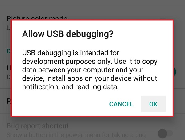 allow usb debugging on android