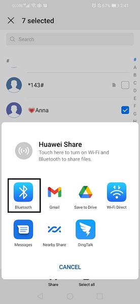 export contact share bluetooth