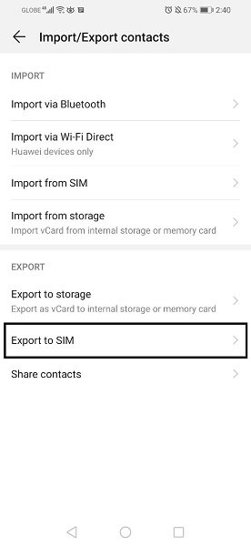 contact settings export