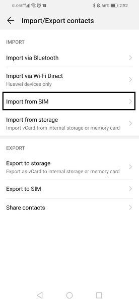 contact settings import from sim