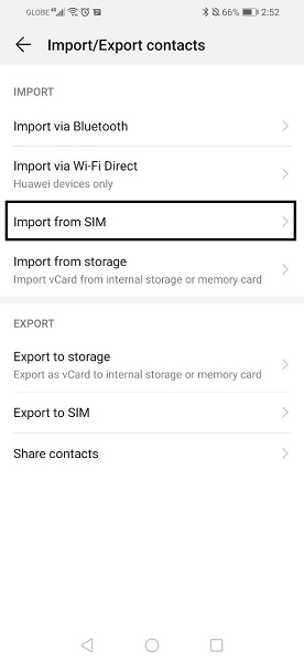 importar configuración de contacto desde sim