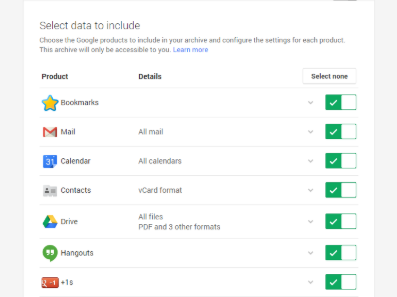 google takeout interface