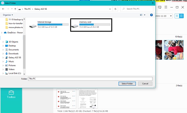 set your SD Card as the destination folder