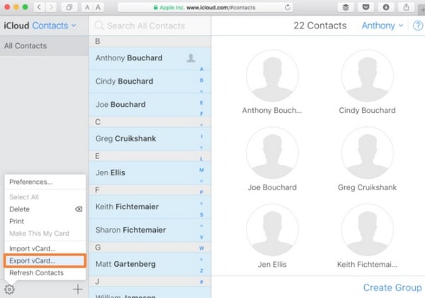 Select Export Vcard