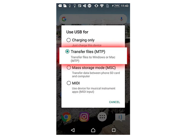 vælg overfør filer på Android