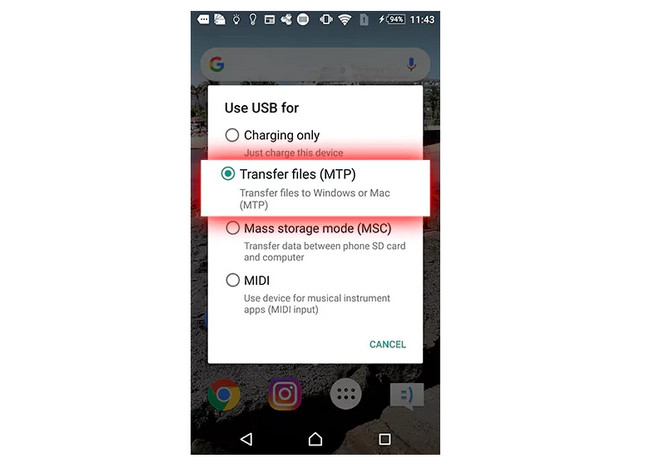 selecione transferir arquivos no Android