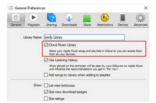 marque a biblioteca de música do iCloud no iTunes