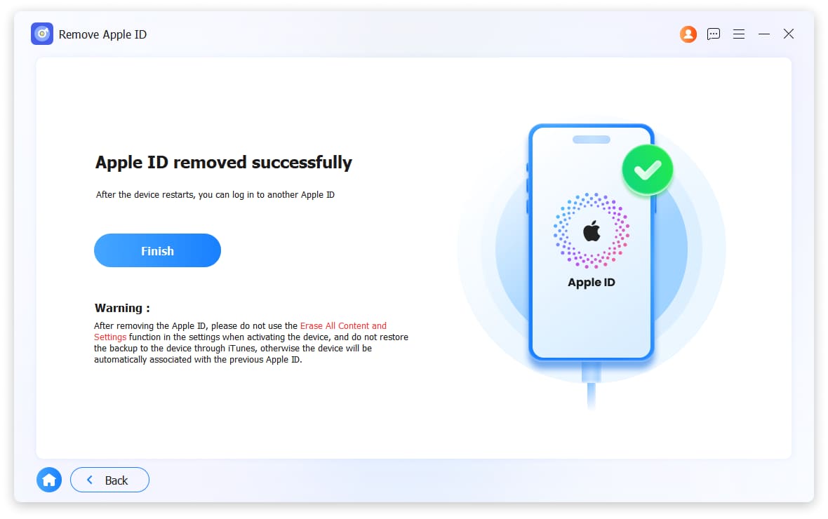 success to remove apple id