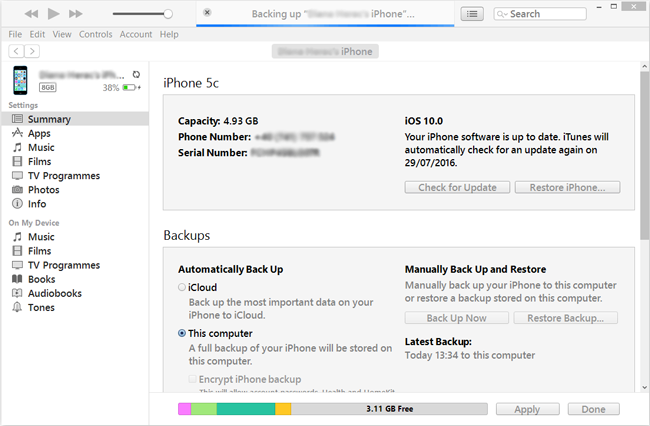 backup iphone itunes