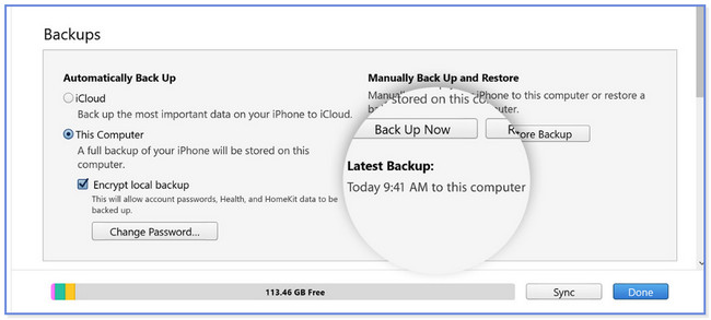 la sezione Ultimo backup