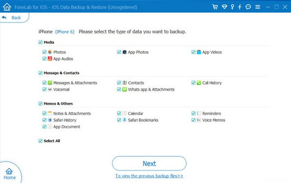 escolha Backup de dados do iOS