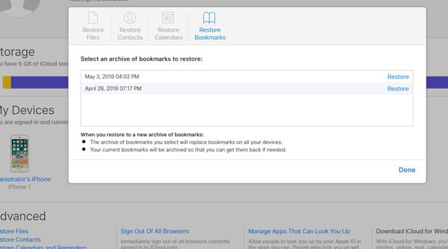 lesezeichen auf icloud site wiederherstellen