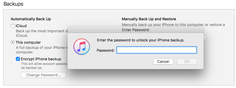 εισάγετε τον κωδικό πρόσβασης για να ξεκλειδώσετε το iPhone iTunes Backups