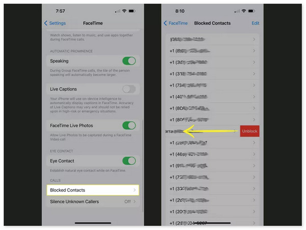 see blocked contacts on facetime settings