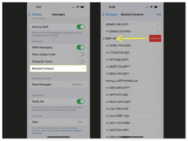 view blocked contacts on messages settings