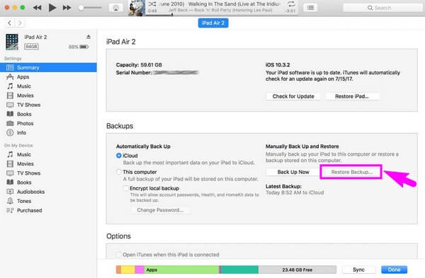 Восстановить iPad из резервной копии с помощью iTunes