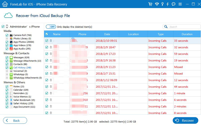 Podgląd historii połączeń w icloud