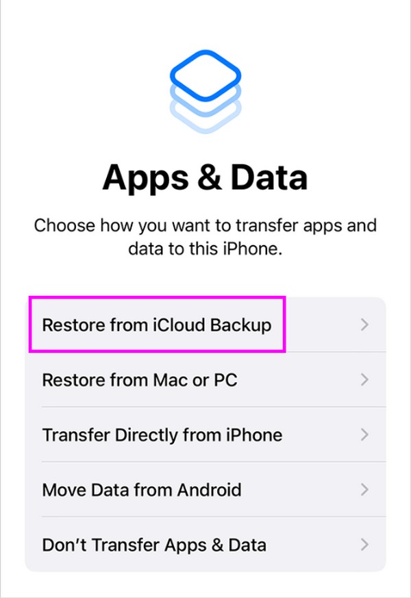 sélectionnez restaurer à partir de la sauvegarde iCloud