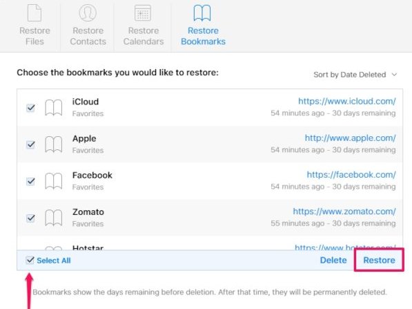 Restore Safari Bookmarks via iCloud webpage