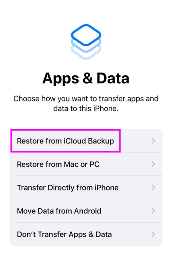 escolha restaurar do backup do iCloud