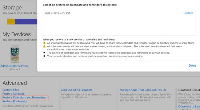 restaurar recordatorio en el sitio icloud