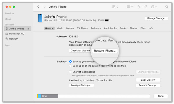 Click Restore iPhone Button