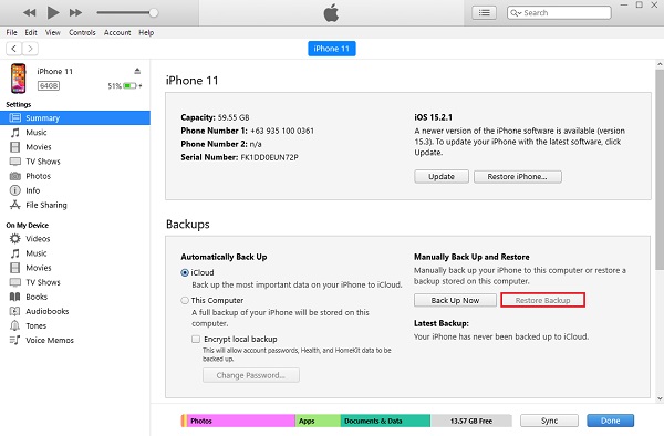 Recupere o iPhone Kik do iTunes/Finder