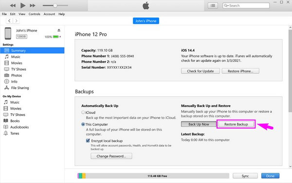 Restaurer la sauvegarde de l'iPhone sur iTunes