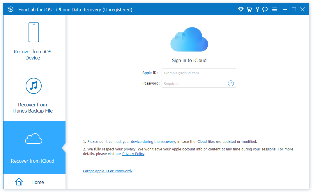 Recover from iCloud interface