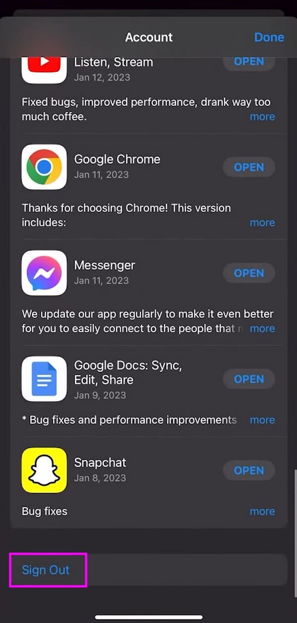sign out of app store
