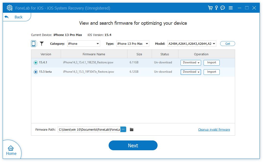 Wählen Sie die Firmware für die iOS-Systemwiederherstellung aus