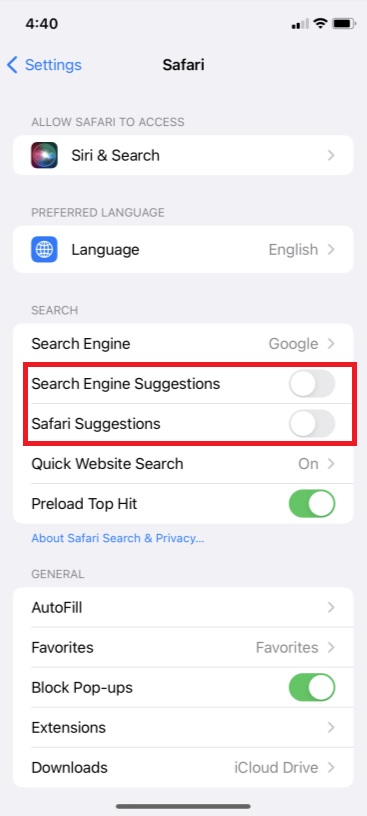 Désactiver les fonctionnalités de suggestions de Safari