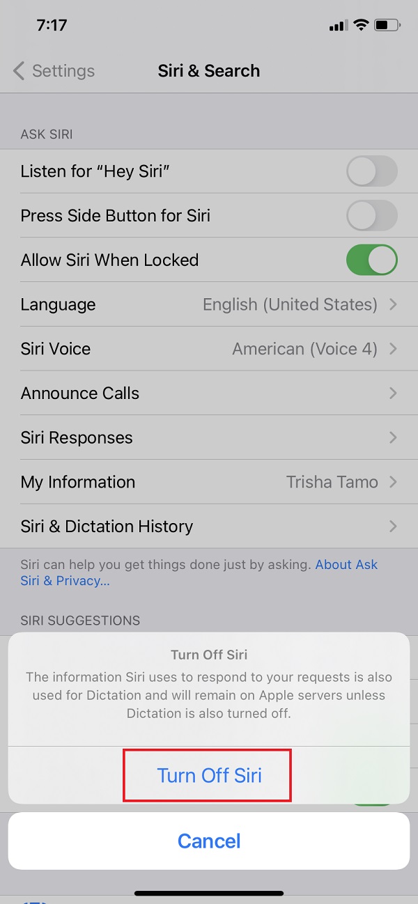 禁用然后启用 Siri