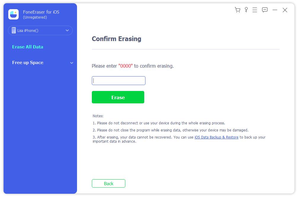 Enter 0000 in the box to confirm erasing