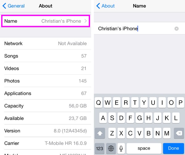 change iphone name on settings