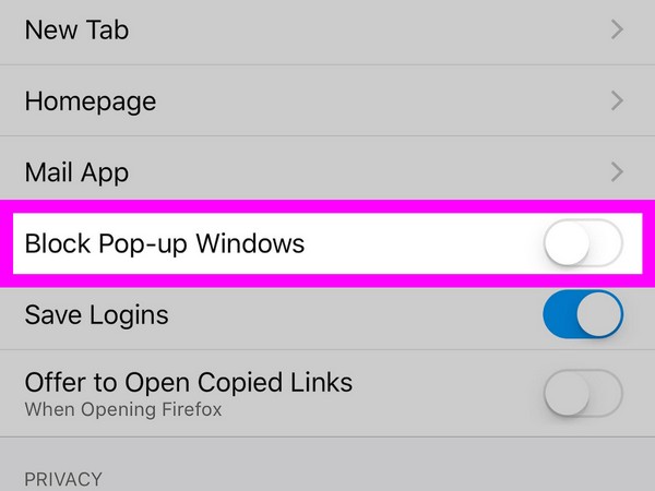 turn off pop up blocker on iphone firefox