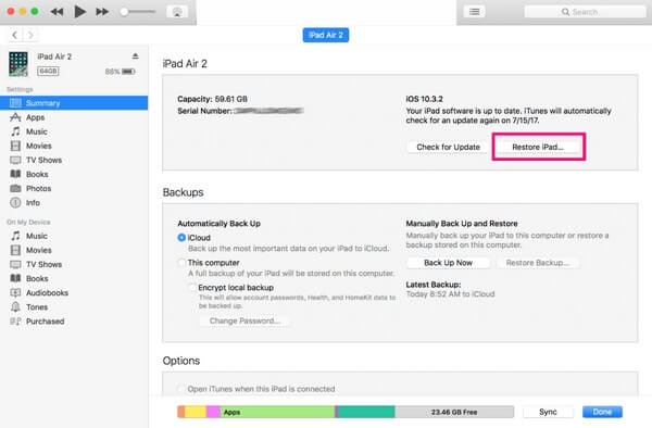 Restaurar iPad en iTunes o Finder