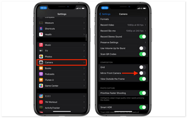turn on and off mirror front camera iphone