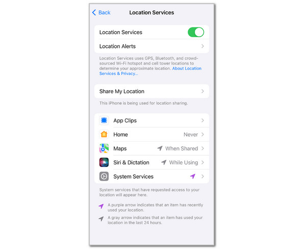 Toggle on Location Services Slider