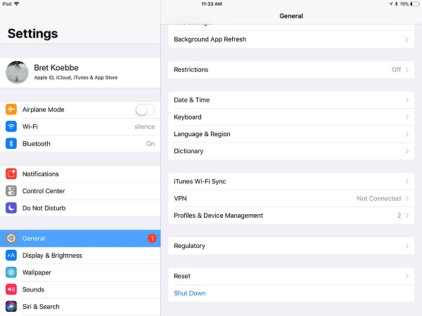 shut down ipad settings